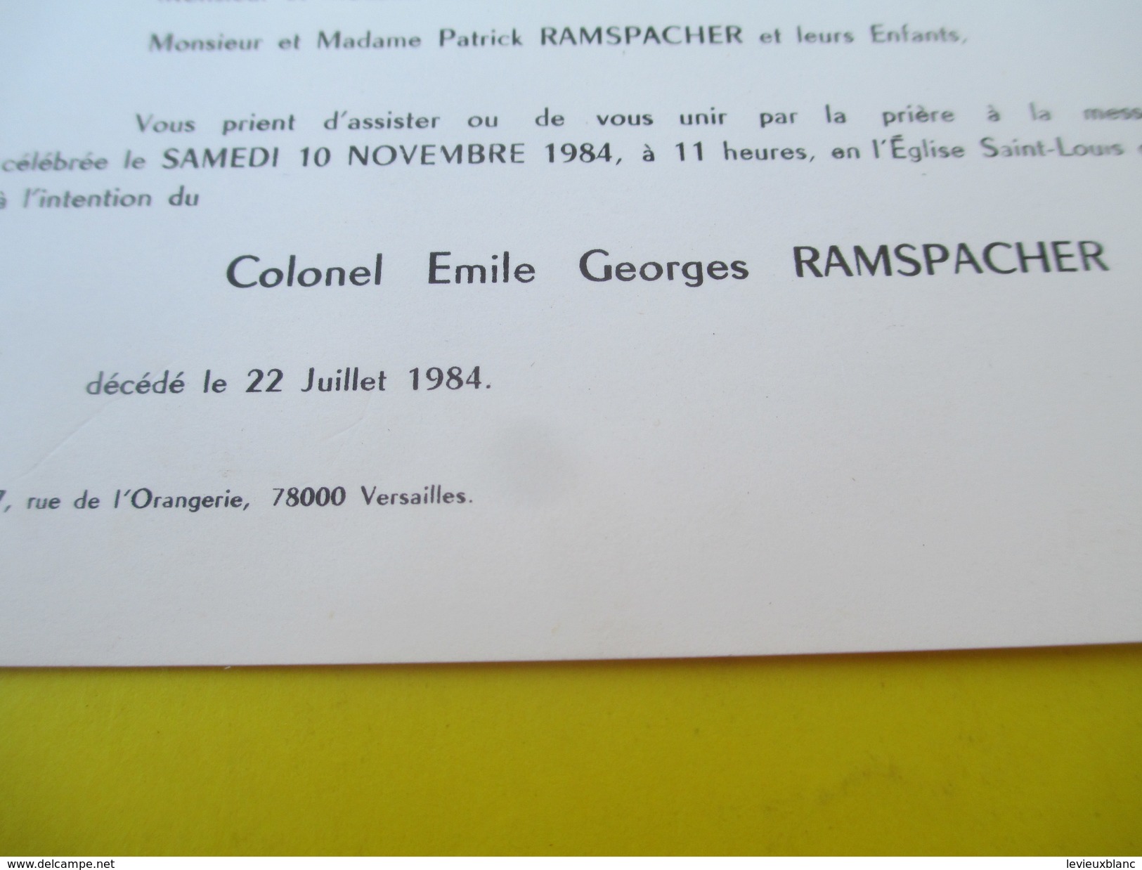 Faire-part De Décés/Colonel Emile Georges RAMSPACHER/Eglise Saint-Louis Des Invalides / Paris/Versailles/ 1984    FPD110 - Obituary Notices