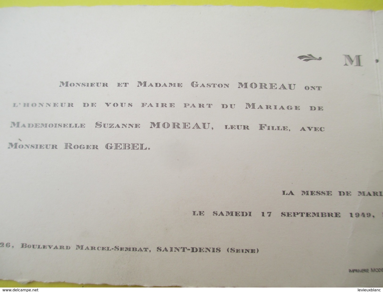 Faire-part De Mariage/Suzanne Moreau - Roger Gebel/Eglise Saint Denys De L'Estrée/Saint Denis/Seine/Pantin/1949    FPM37 - Mariage