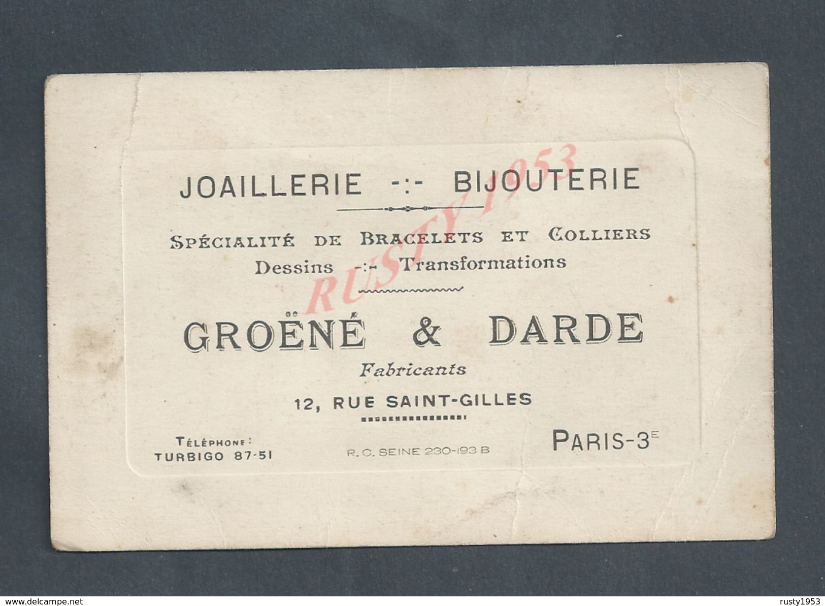 CDV CARTE DE VISITE GROENE & DARDE JOAILLERIE BIJOUTERIE À PARIS RUE SAINT GILLES : - Visitekaartjes