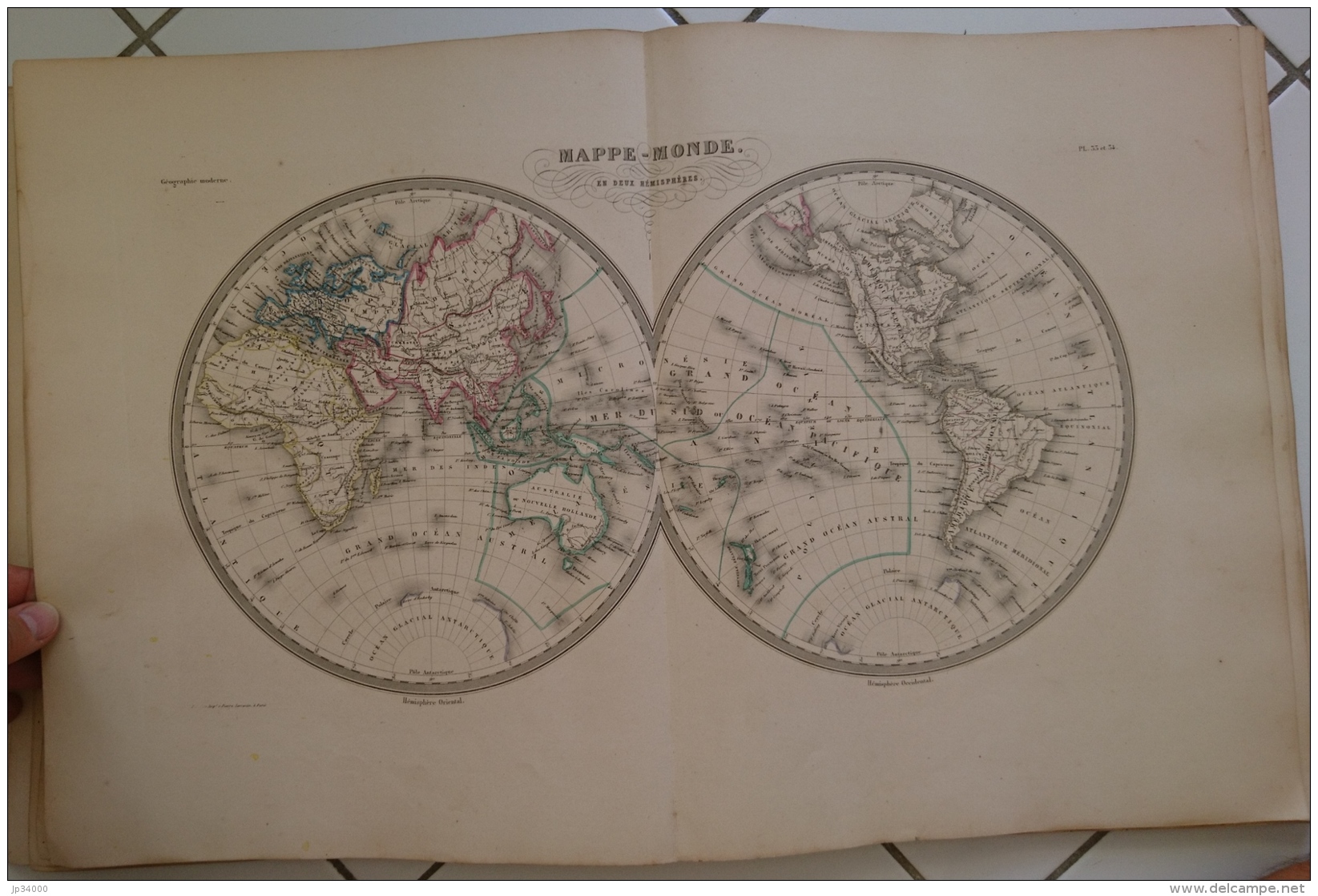 CARTE GEOGRAPHIQUE ANCIENNE: MAPPEMONDE En Deux Hemisphères (garantie Authentique. Epoque 19 Eme Siecle) - Cartes Géographiques