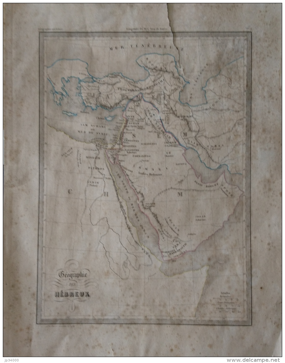 CARTE GEOGRAPHIQUE ANCIENNE: GEOGRAPHIE DES HEBREUX (garantie Authentique. Epoque 19 Eme Siecle) - Cartes Géographiques