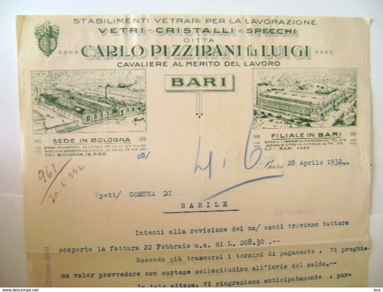 1932 FIL. BARI   BOLOGNA  A Barile   Potenza   STABILIMENTI CARLO PIZZIRANI VETRI CRISTALLI SPECCHI  Fabbrica Industria - Italia