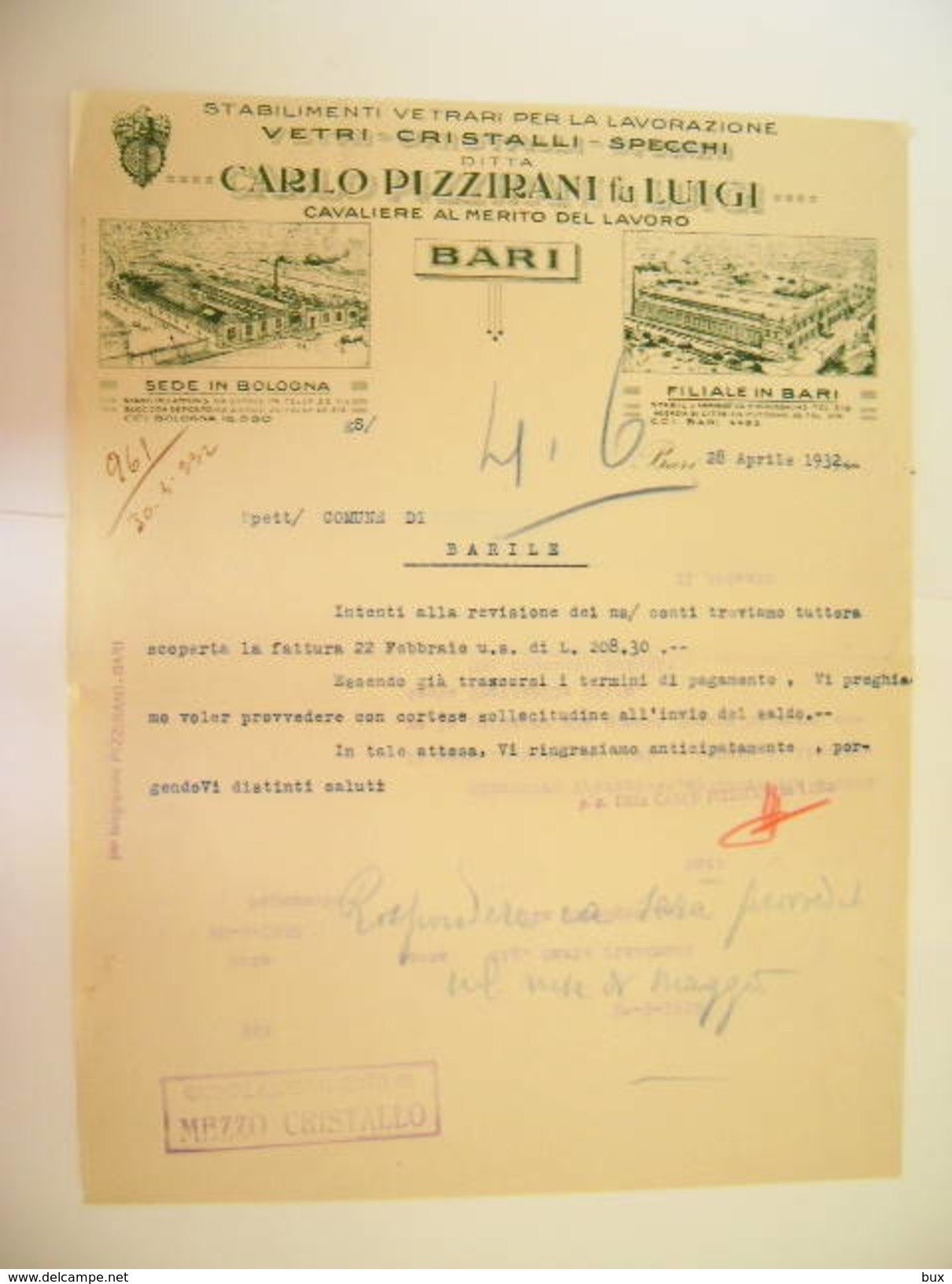 1932 FIL. BARI   BOLOGNA  A Barile   Potenza   STABILIMENTI CARLO PIZZIRANI VETRI CRISTALLI SPECCHI  Fabbrica Industria - Italia