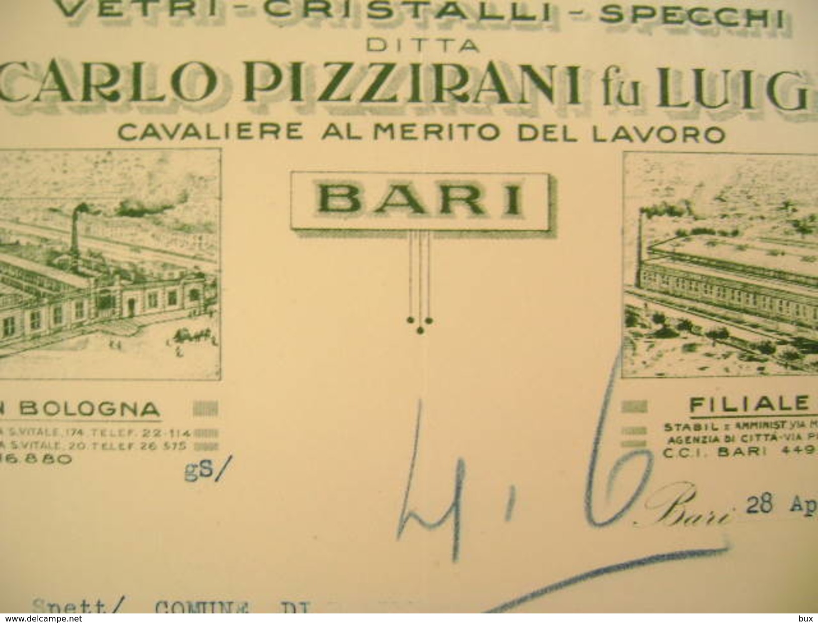 1932 FIL. BARI   BOLOGNA  A Barile   Potenza   STABILIMENTI CARLO PIZZIRANI VETRI CRISTALLI SPECCHI  Fabbrica Industria - Italia