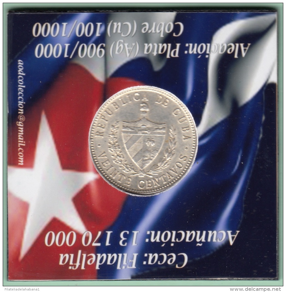 1949-MN-119 CUBA REPUBLICA. SILVER 20c STAR 1949. ESTRELLA RADIANTE. XF PLUS - Cuba