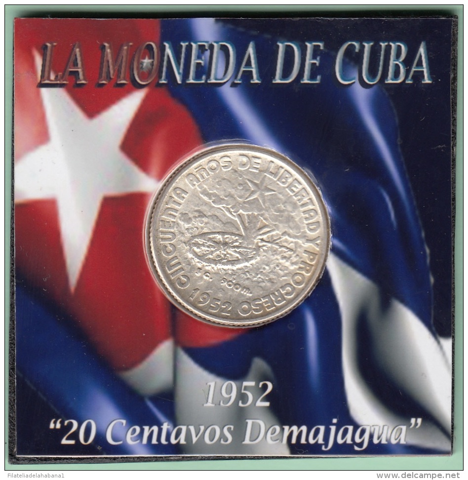 1952-MN-122 CUBA REPUBLICA. KM 24. SILVER. 20c. 1952. 50 ANIV REPUBLICA. INGENIO LA DEMAJAGUA. XF BRILLO ORIGINAL. - Cuba