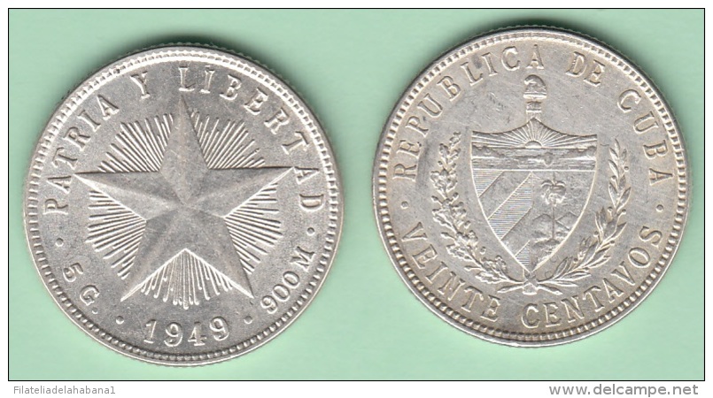 1949-MN-121 CUBA REPUBLICA. SILVER 20c STAR 1949. ESTRELLA RADIANTE. XF PLUS BRILLO ORIGINAL. - Cuba