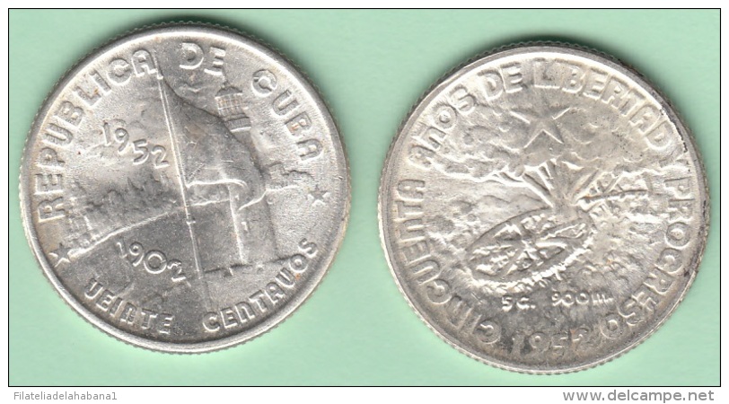 1952-MN-125 CUBA REPUBLICA. KM 24. SILVER. 20c. 1952. 50 ANIV REPUBLICA. INGENIO LA DEMAJAGUA. XF BRILLO ORIGINAL. - Cuba