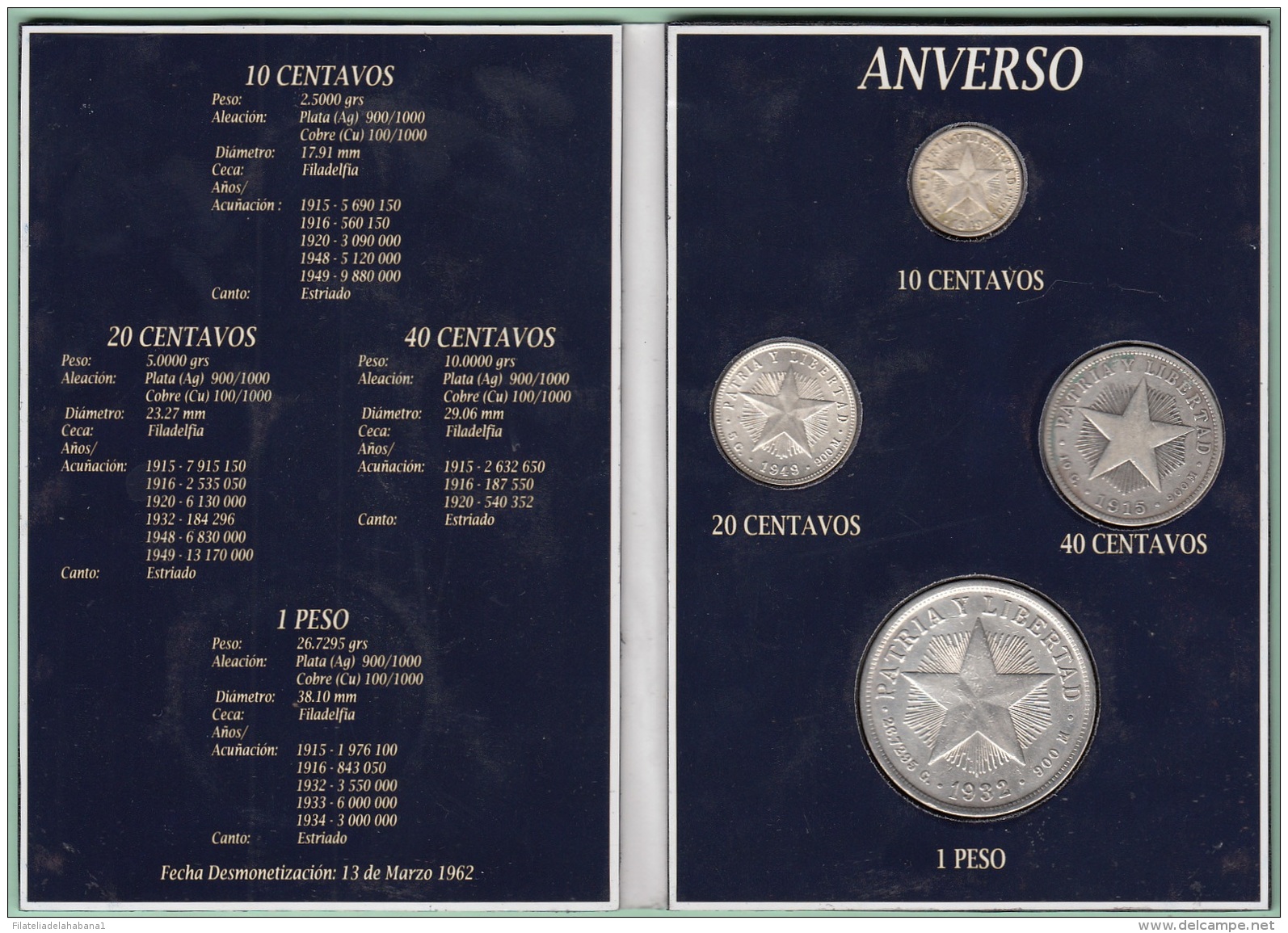 BK-SET-147 CUBA SPECIAL BOOK SILVER COMPLETE SET SILVER STAR 1915-1949 10c-1 PESO. - Cuba