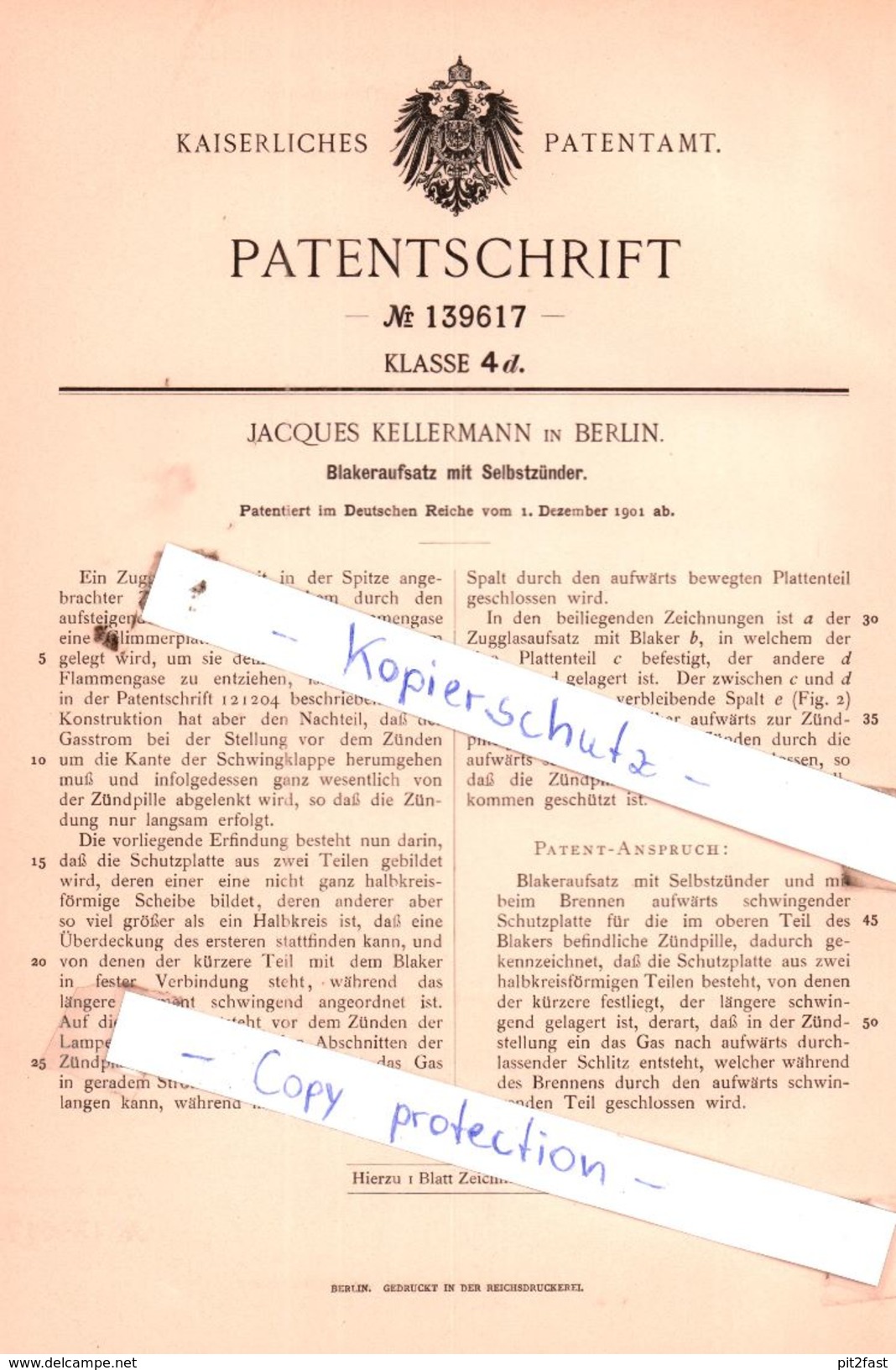 Original Patent - Jacques Kellermann In Berlin , 1901 , Blakeraufsatz Mit Selbstzünder !!! - Historische Dokumente