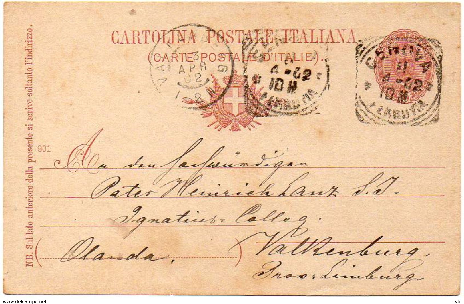 ITALY / ITALIA 1902. Entire Postal Card. Cartolina Postale Da 10 Centesimi Umberto 1º To Netherlands - Stamped Stationery