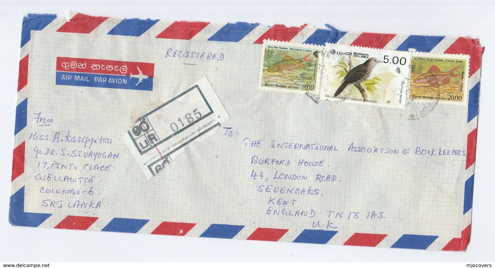 1991 REGISTERED  SRi LANKA COVER Stamps  FISH , Bird'   To GB Birds - Sri Lanka (Ceylon) (1948-...)