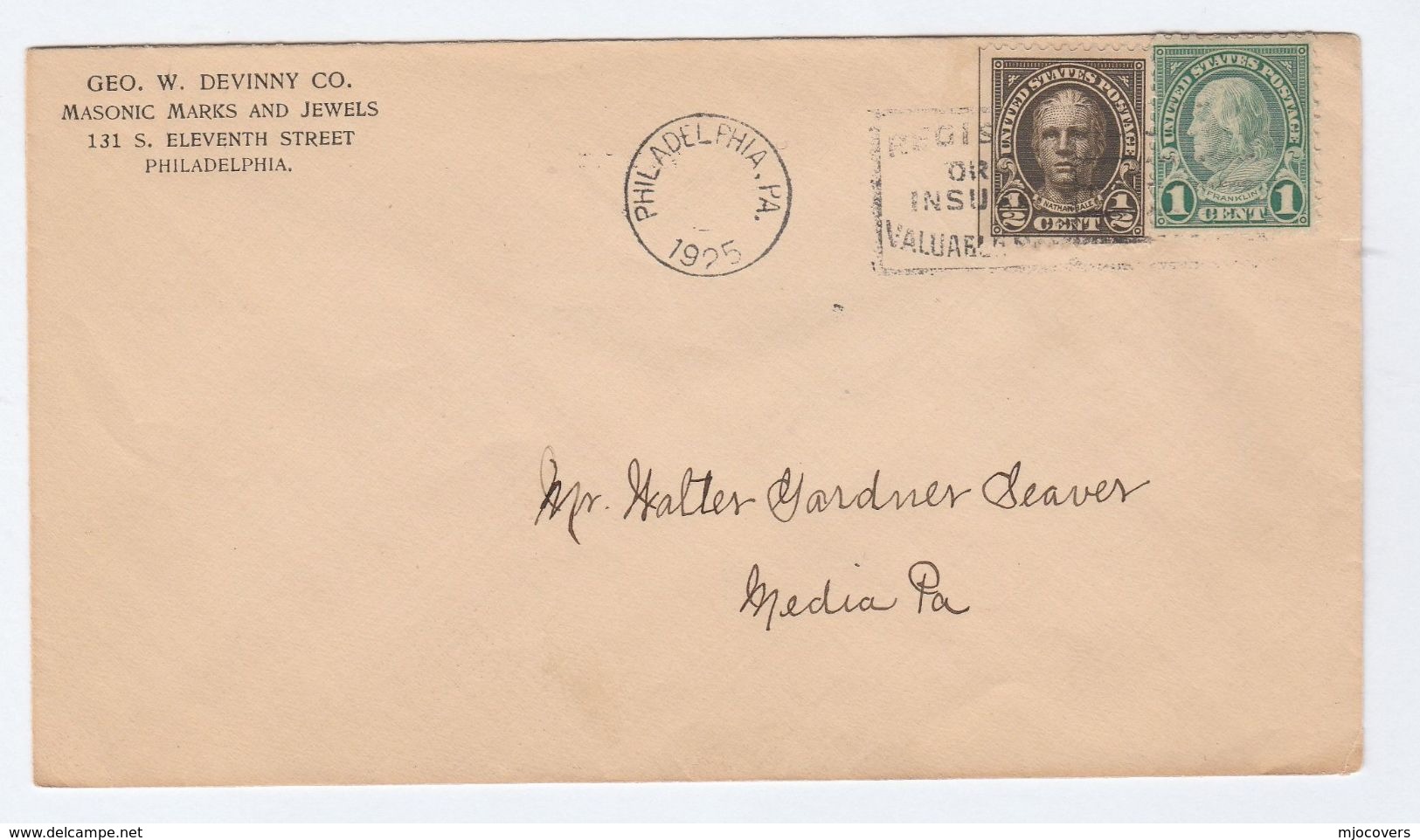 1925 USA Geo DEVINNY MASONIC MARKS & JEWELS Co COVER Philadelphia  Stamps Masons Freemasonry - Freemasonry