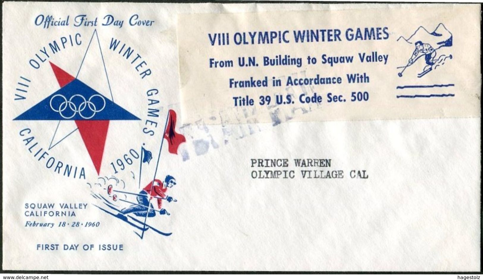 USA 1960 Winter Olympic Games Squaw Valley California FDC Skiing Ski Official Stampless Cover From UN Building LABEL - Invierno 1960: Squaw Valley