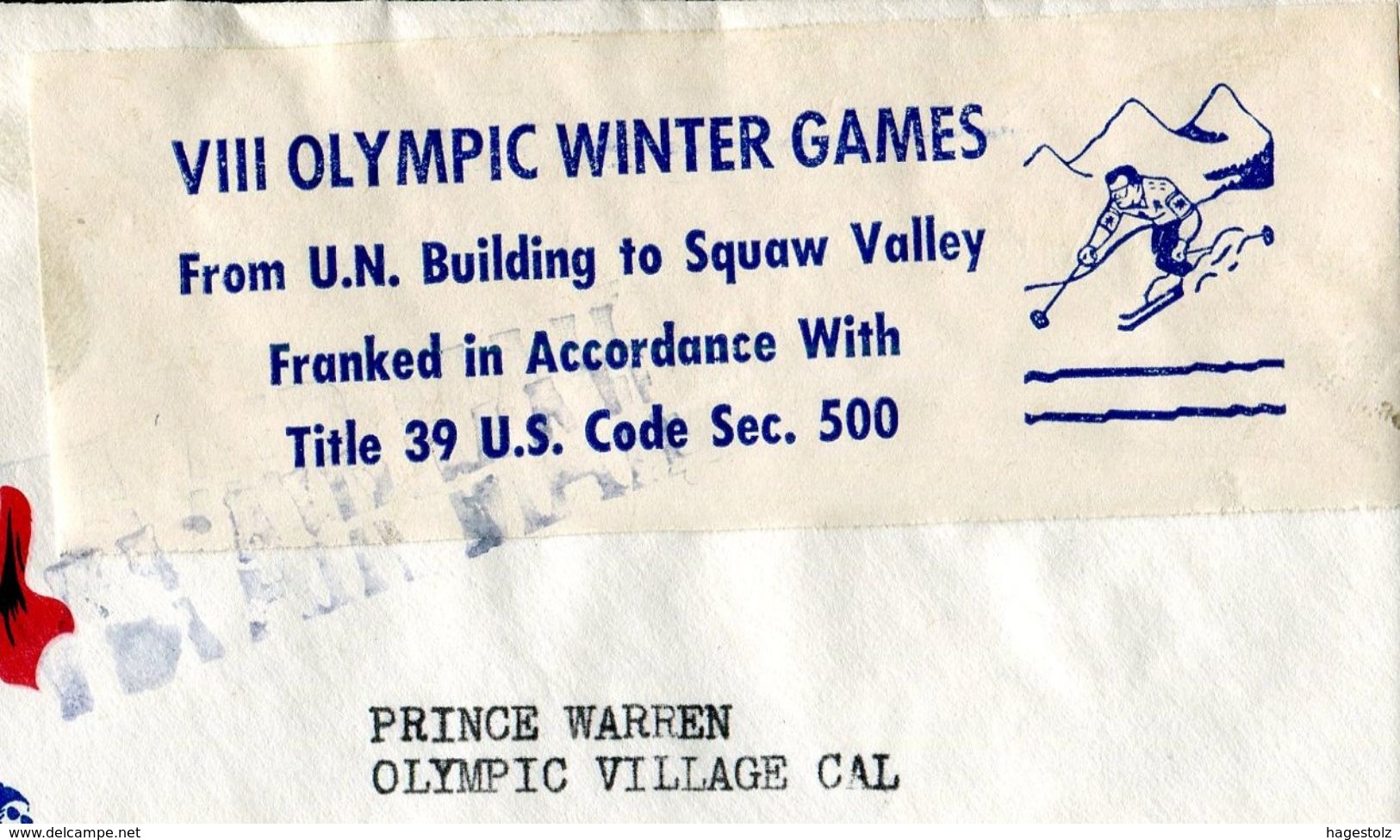 USA 1960 Winter Olympic Games Squaw Valley California FDC Skiing Ski Official Stampless Cover From UN Building LABEL - Invierno 1960: Squaw Valley