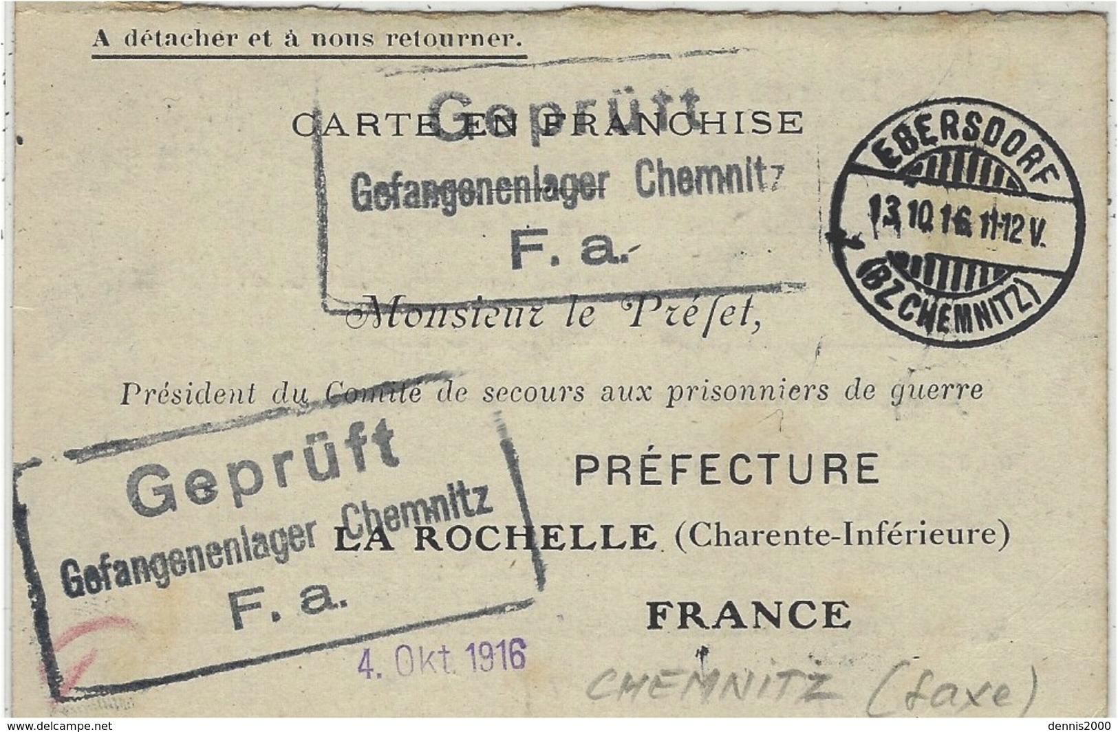 1916--WWI - Carte En Franchise - Blanc  De CHEMNITZ ( Saxe )   Pour Le Préfet De La Rochelle ( Charente Inf. ) - Guerre De 1914-18