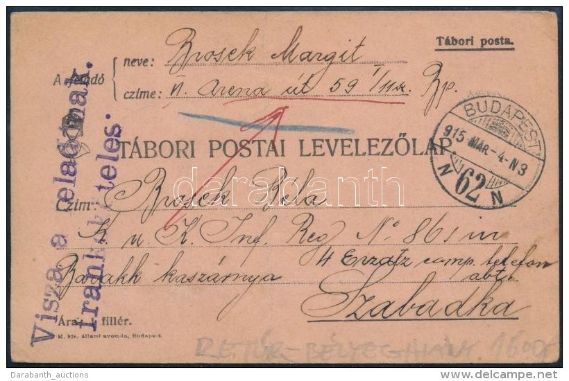 1915 T&aacute;bori Posta LevelezÅ‘lap 'Vissza A Felad&oacute;nak' - Sonstige & Ohne Zuordnung