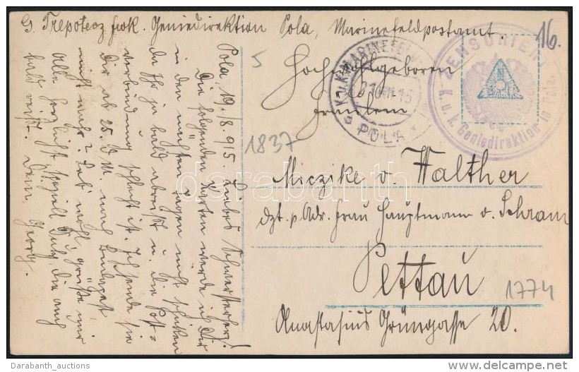 1915 K&eacute;peslap Haditenger&eacute;szeti Post&aacute;val / Navy Mail Postcard 'K.u.K. KRIEGSMARINE / KAISER... - Altri & Non Classificati