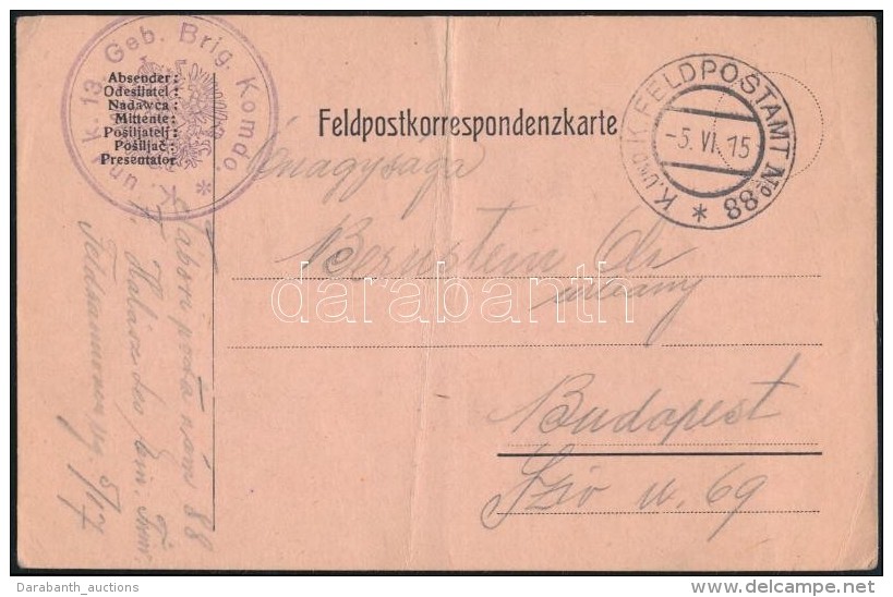 1915 T&aacute;bori Posta LevelezÅ‘lap 'K. Und K. 13. Geb. Brig. Komdo.' + 'FP 88' - Altri & Non Classificati