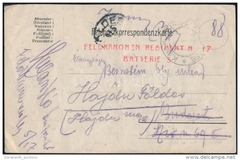 ~1915 T&aacute;bori Posta LevelezÅ‘lap 'FELDKANONEN REGIMENT No.17. BATTERIE 5.' - Sonstige & Ohne Zuordnung