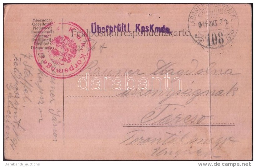 1914 T&aacute;bori Posta LevelezÅ‘lap 'K.u.k. Korpsmagazin' + 'TP 108' (hajtott) - Sonstige & Ohne Zuordnung
