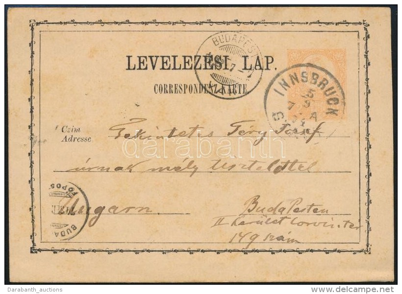 1874 2kr D&iacute;jjegyes LevelezÅ‘lap Innsbruckb&oacute;l Budapestre, Port&oacute;z&aacute;s N&eacute;lk&uuml;l... - Other & Unclassified