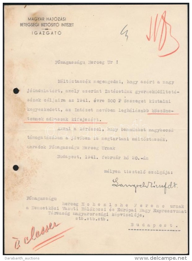 1941 Bp., A Magyar Haj&oacute;z&aacute;si Betegs&eacute;gi Biztos&iacute;t&oacute; Int&eacute;zet... - Non Classificati