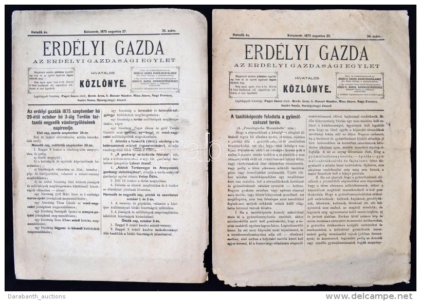 1875 Az 'Erd&eacute;lyi Gazda' C. Foly&oacute;irat 8 Egym&aacute;st K&ouml;vetÅ‘ Sz&aacute;ma 1875 Augusztusa... - Unclassified