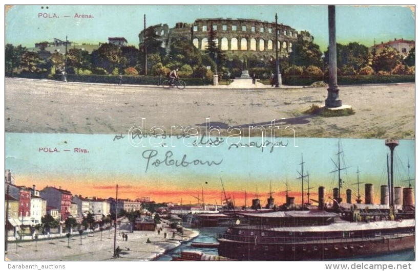 T3 Pola, Pula; Arena, Man With Bicycle, Port, Shore, Steamships (fa) - Ohne Zuordnung