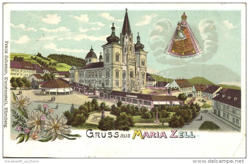 T3 Mariazell, Wallfahrtskirche, Verlag Franz Schemm / Church, Floral, Litho (kis Szakad&aacute;s / Small Tear) - Non Classificati