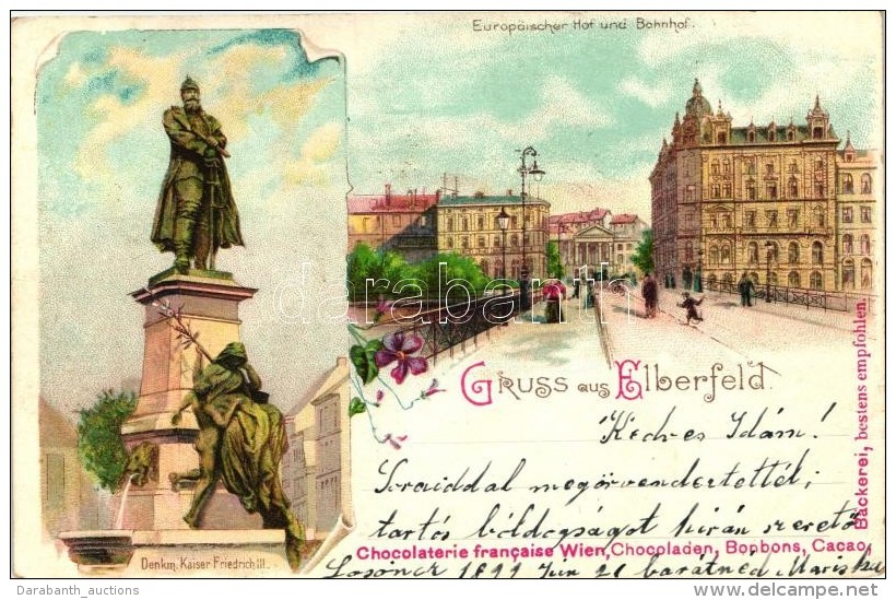 T2 1899 Elberfeld, Europaischer Hof Und Bahnhof, Denkmal Kaiser Friedrich III / Railway Station, Floral Litho - Ohne Zuordnung