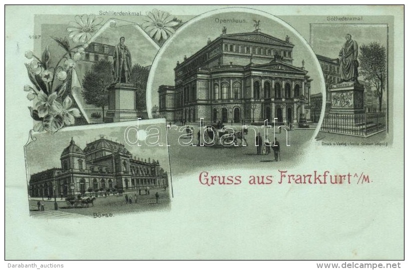 ** T2 Frankfurt, Schillerdenkmal, Opernhaus, Gothedenkmal, B&ouml;rse / Statue, Opera, Bourse, Floral, Litho - Ohne Zuordnung