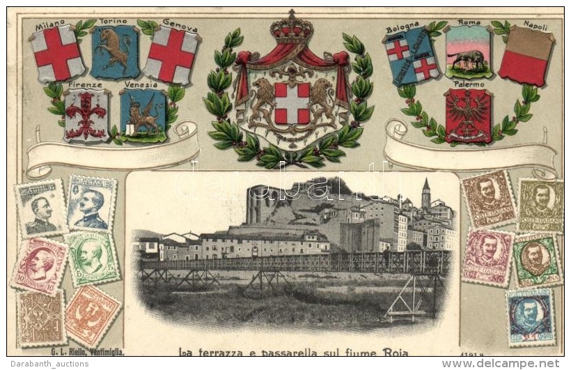 T2 Roia, La Terrazza E Passarella Sul Fiume; Italian Coat Of Arms, Stamps Emb. Litho - Ohne Zuordnung