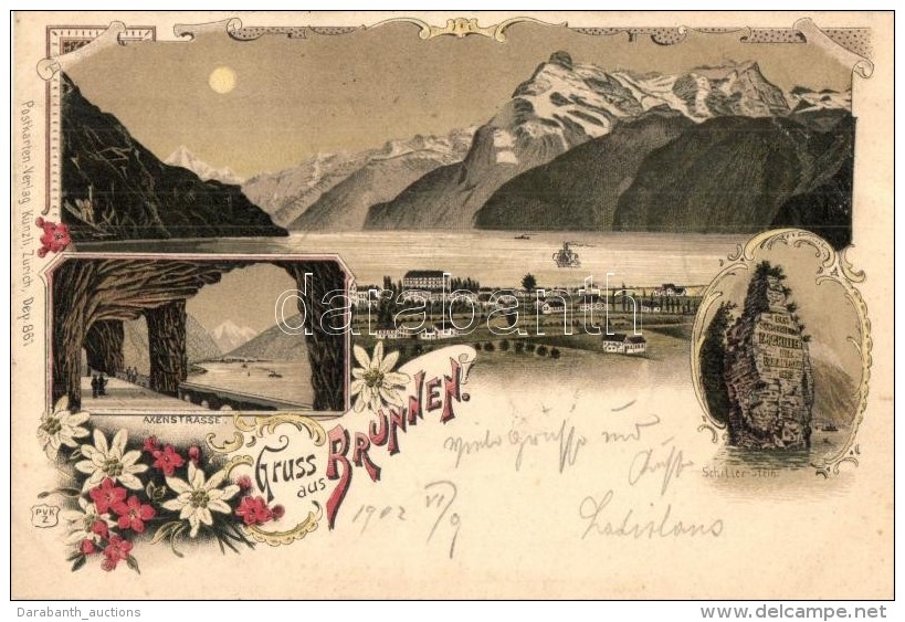 * T2/T3 Brunnen,  Schiller Stein, Axenstrasse / Mountains, Road. Postkarten Verlag K&uuml;nzli Art Nouveau, Floral,... - Ohne Zuordnung