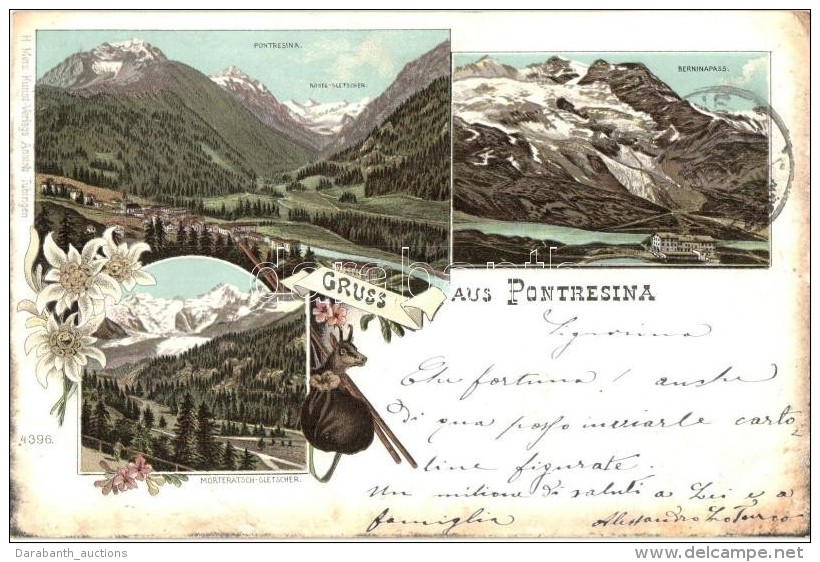T2/T3 1897 Pontresina, Roseg-Gletscher, Berninapass, Morteratsch-Gletscher. H. Metz Kunst-Verlags 4396. Floral.... - Ohne Zuordnung