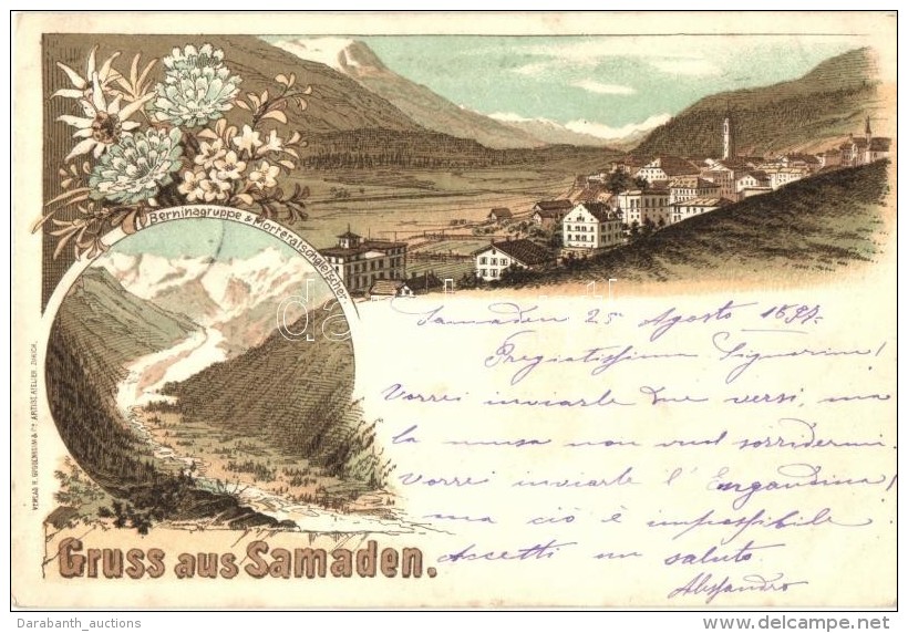 T2 1897 Samedan, Samaden; Berninagruppe Und Morteratschgletscher. H. Guggenheim &amp; Co. Floral, Litho - Ohne Zuordnung
