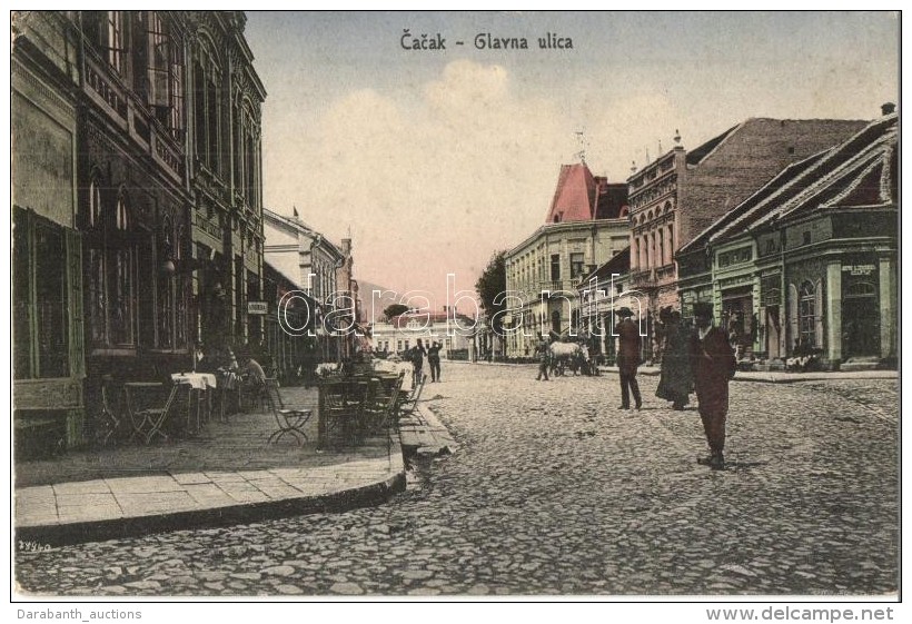 T2/T3 Cacak, Glavna Ulica / Main Street, Restaurant Terrace, Shops + K.u.K. Kreisfeldgendameriekommando Cacak (EK) - Ohne Zuordnung