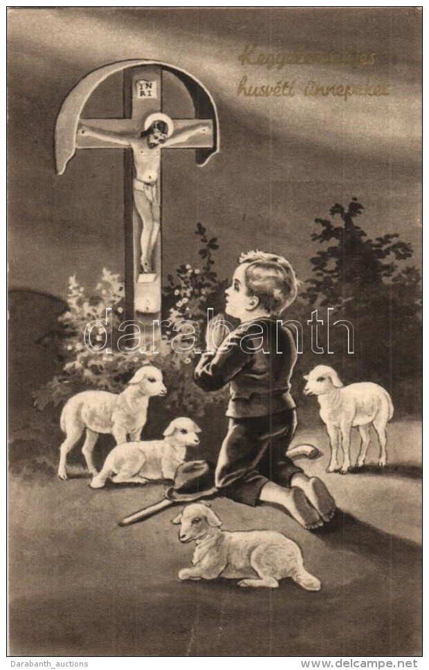 T3 'Kegyelemteljes H&uacute;sv&eacute;ti &uuml;nnepeket' / Easter Greeting Postcard, Lamb, Boy (fa) - Ohne Zuordnung