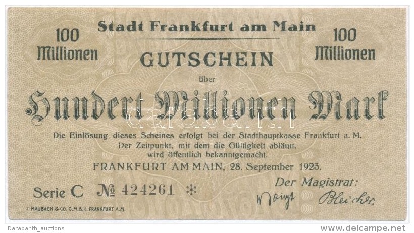N&eacute;metorsz&aacute;g / Weimari K&ouml;zt&aacute;rsas&aacute;g / Frankfurt Am Main 1923. 100.000.000M... - Unclassified