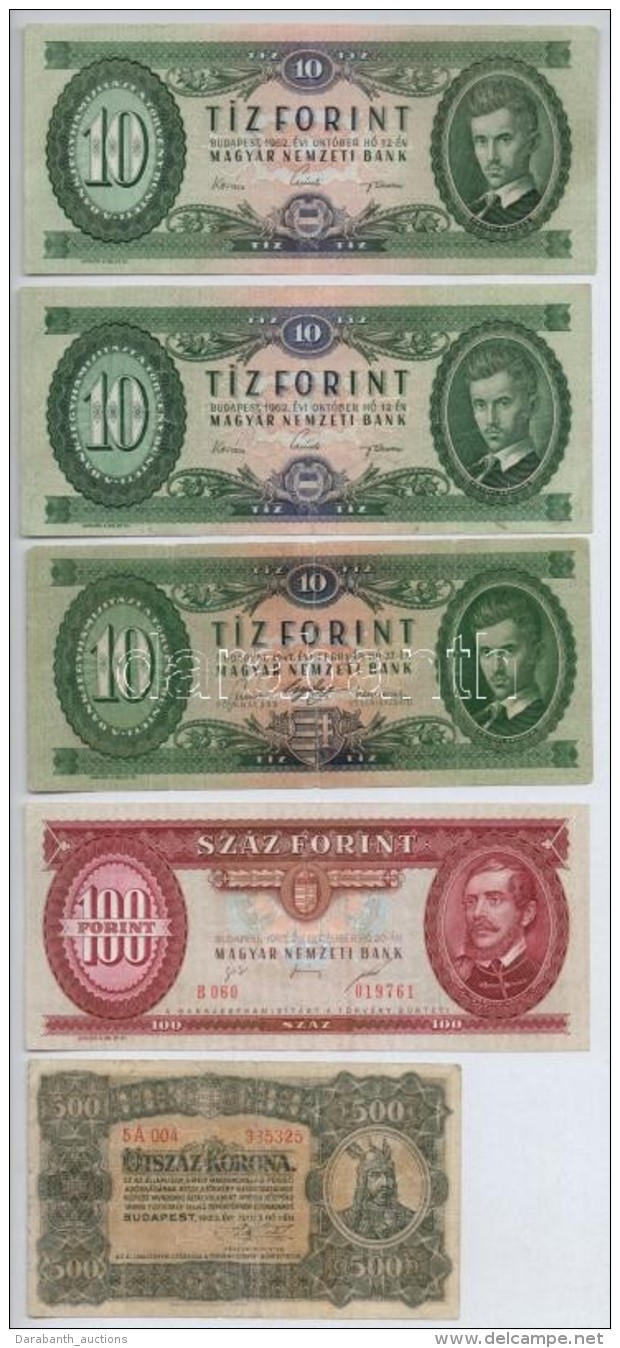 1923. 500K 'Magyar P&eacute;nzjegynyomda Rt. Budapest' + 1947. 10Ft + 1962. 10Ft (2x) + 1995. 100Ft T:II--III- - Ohne Zuordnung
