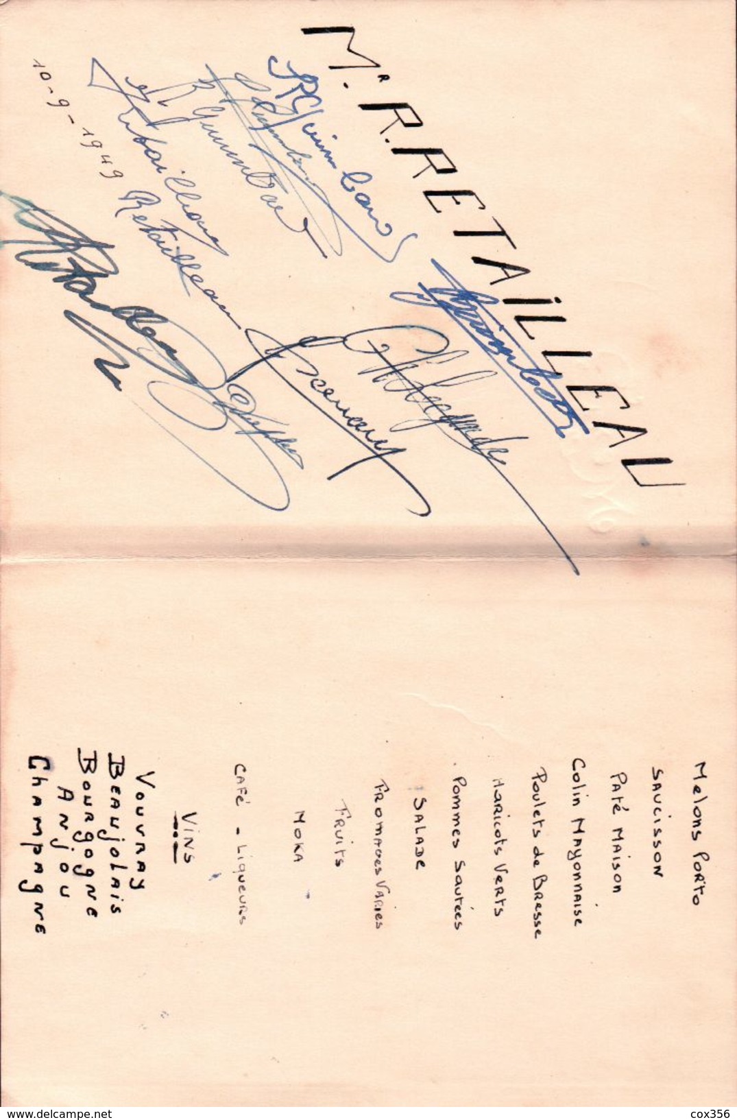 MENU De Mariage Du 10.09.1949 - Menükarten