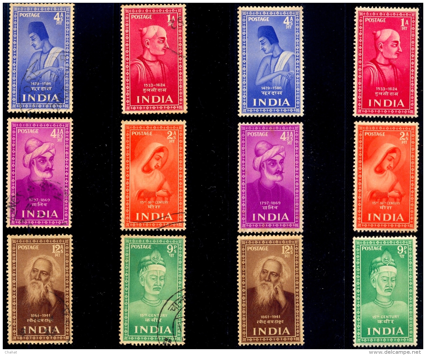 SAINTS &amp; POETS-PRE DECIMAL-SET OF 6 MNH WITH FU SET -INDIA-1952-SCARCE-MNH-H1-399 - Unused Stamps