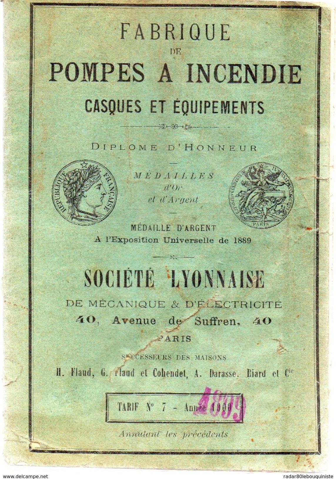 FABRIQUE DE POMPES A INCENDIE,casques Et équipements.Société Lyonnaise De Mécanique & D'électricité.tarif.48 Pages.1899. - Matériel Et Accessoires