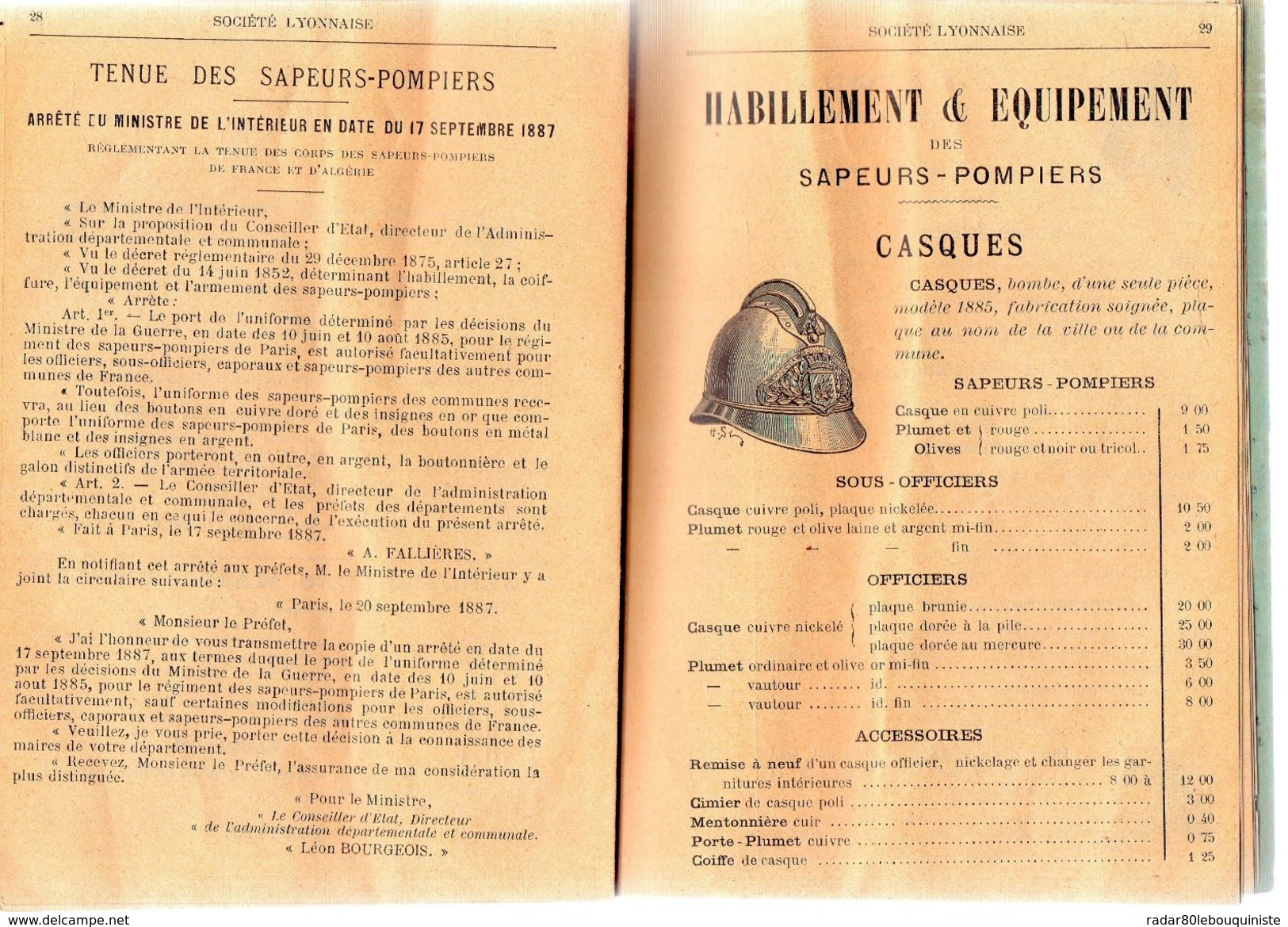 FABRIQUE DE POMPES A INCENDIE,casques et équipements.Société Lyonnaise de mécanique & d'électricité.tarif.48 pages.1899.