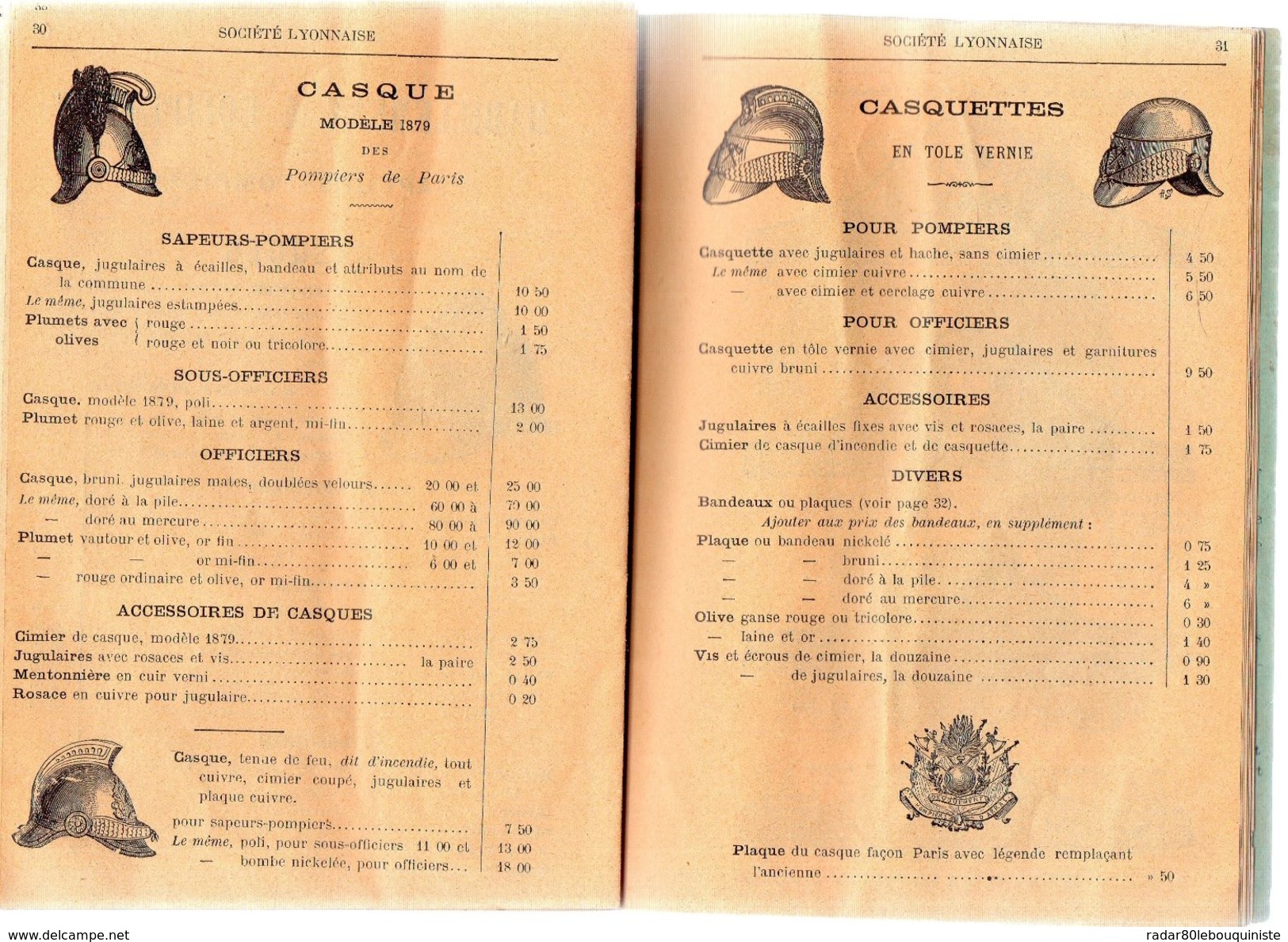 FABRIQUE DE POMPES A INCENDIE,casques et équipements.Société Lyonnaise de mécanique & d'électricité.tarif.48 pages.1899.