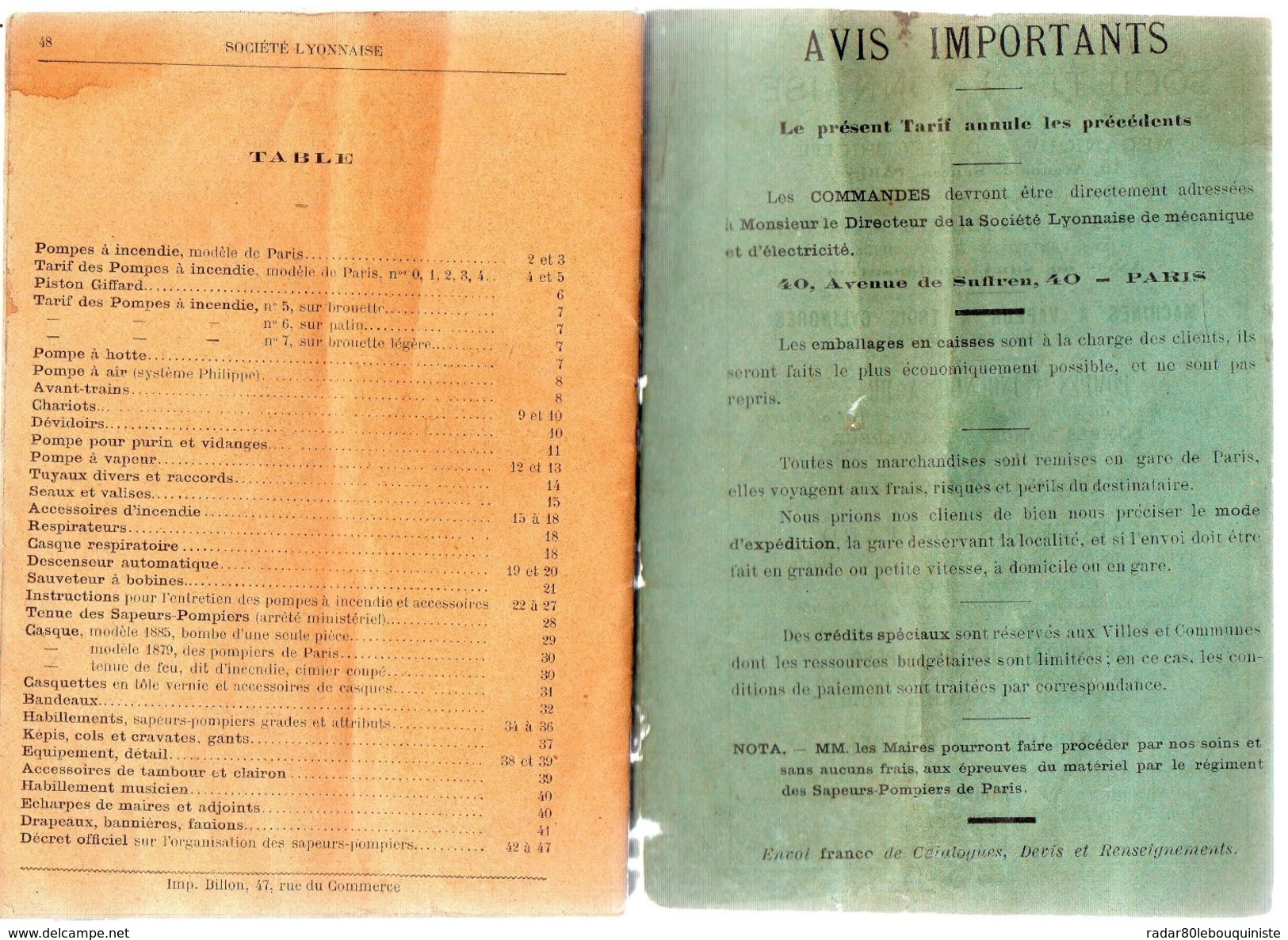 FABRIQUE DE POMPES A INCENDIE,casques et équipements.Société Lyonnaise de mécanique & d'électricité.tarif.48 pages.1899.