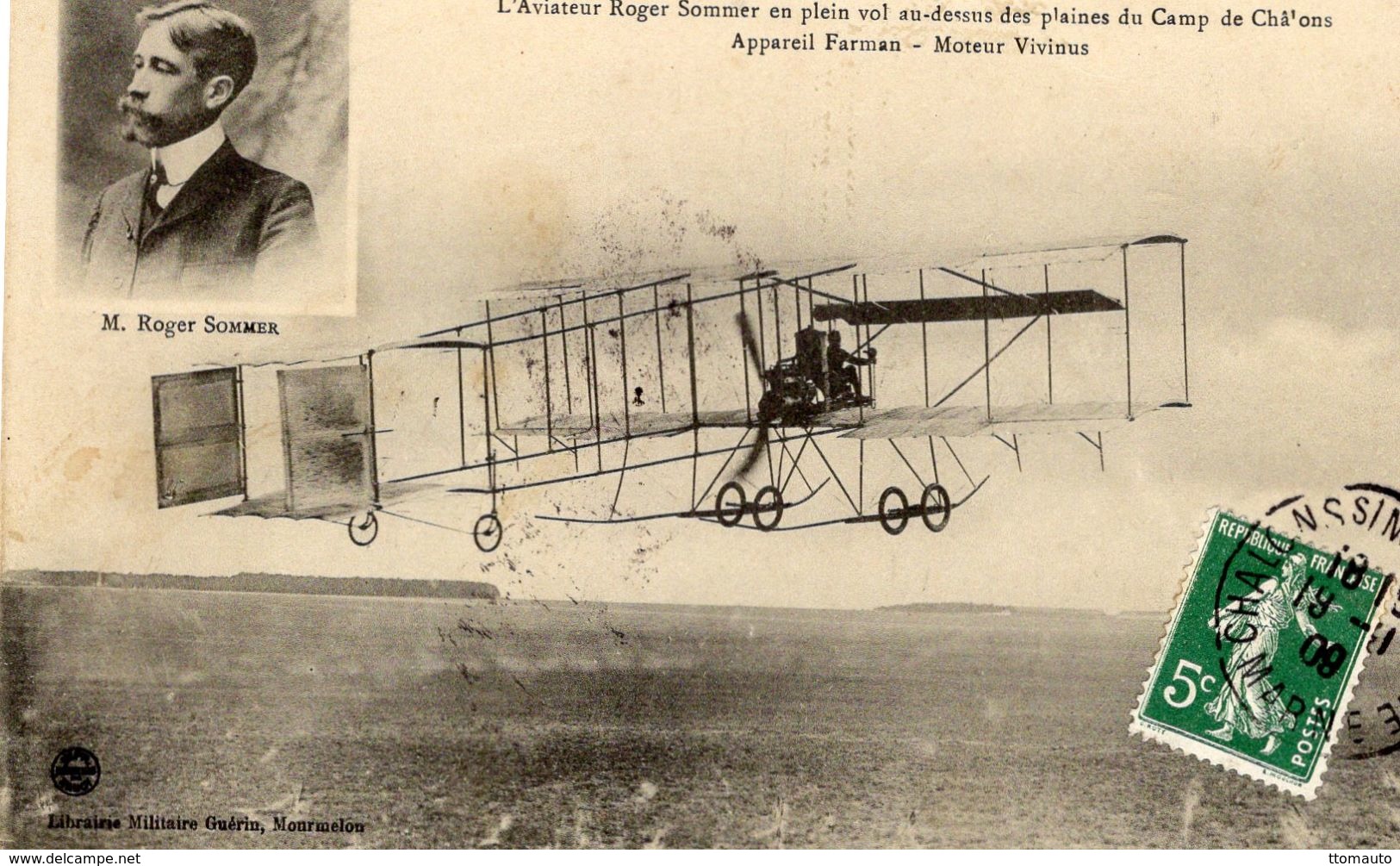 L'Aviateur Roger Sommer En Plein Vol Au-dessus Des Plaines Du Camp De Chalons - Appareil Farman   -  CPA - ....-1914: Precursors