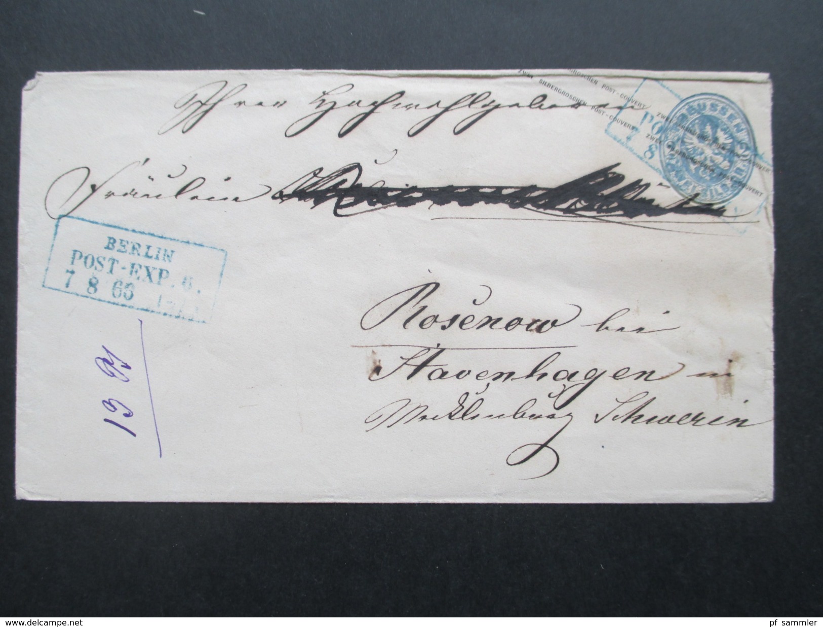 AD Preussen 1863/ 66 GA U 27 A Blauer Stempel R3 Berlin Post - Exp. Nach Rosenow Bei Stavenhagen - Entiers Postaux