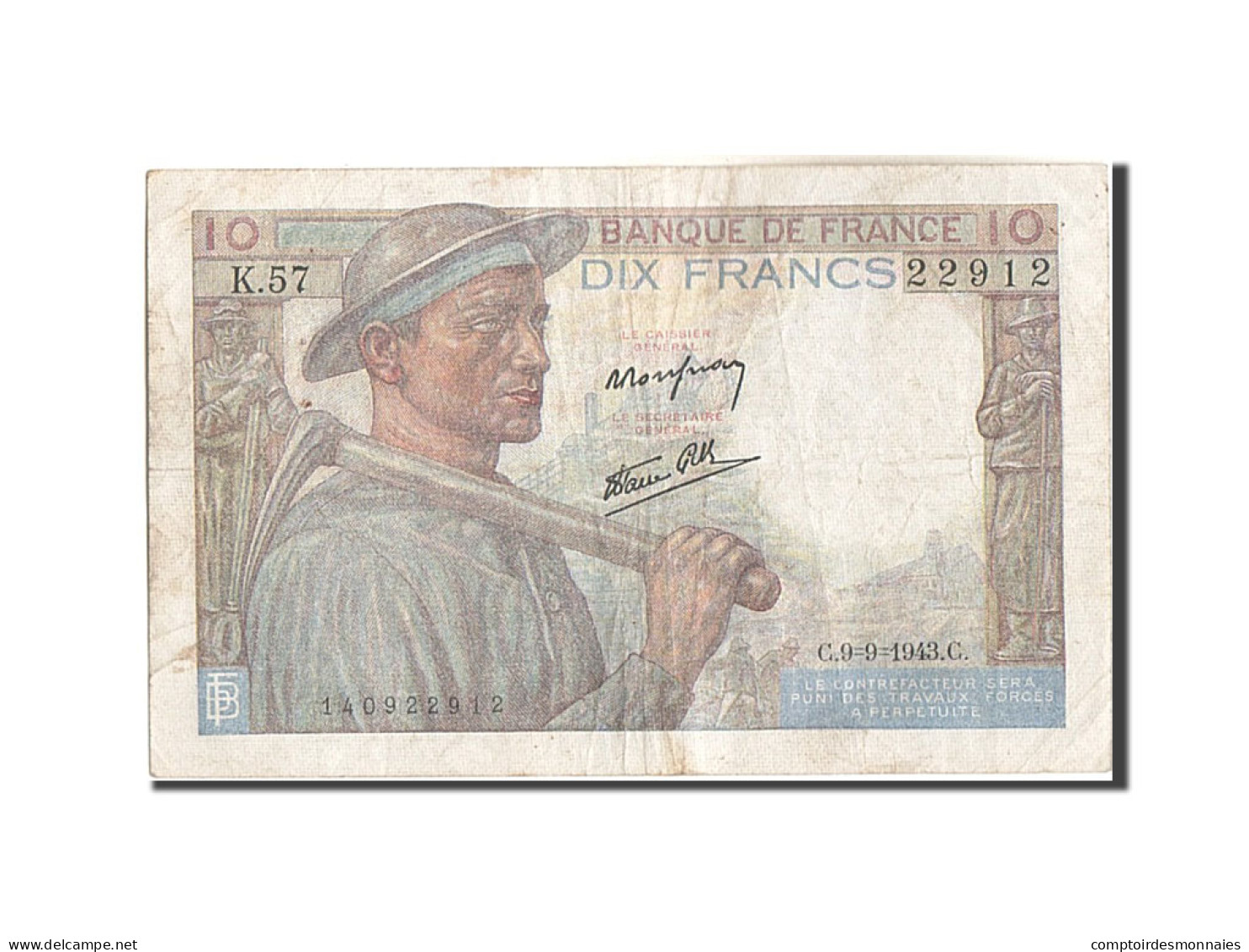 Billet, France, 10 Francs, 10 F 1941-1949 ''Mineur'', 1943, 1943-09-09, TB - 10 F 1941-1949 ''Mineur''