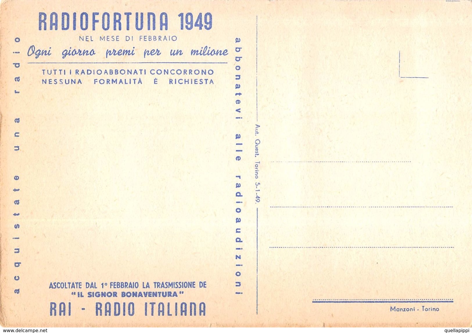 D6077 "RADIOFORTUNA 1949 - IL SIGNOR BONAVENTURA - RAI RADIO ITALIANA" CART. PUBBL.NON SPED. - Altri & Non Classificati